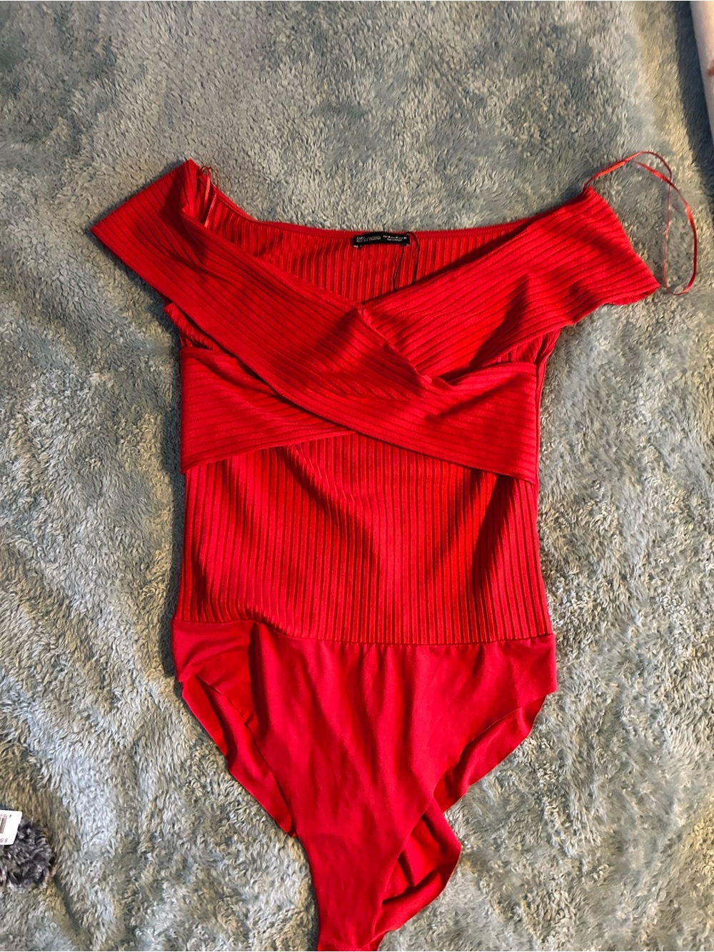 Zara Red Off-Shoulder Ribbed Kids One-Piece Bodysuit